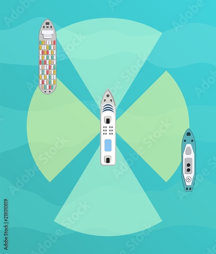 Autonomous ship with radar top view. Self driving boat concept.