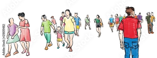 illustration sketch of people walking panorama view isolated on white background