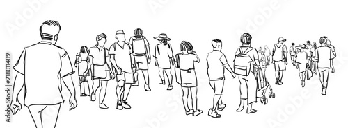 illustration sketch of people walking panorama view isolated on white background
