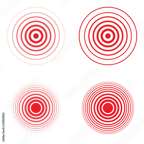 Set of pain red circle or localization mark, aching place sign. Abstract vector symbol of the disease focus.