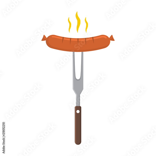 Cooked hot fried sausage on fork. Vector illustration with tasty bratwurst. 