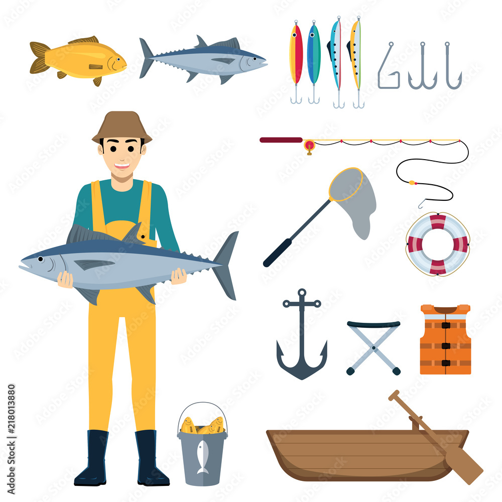 Fishing Equipment with Fisherman Character Holding a Big Fish