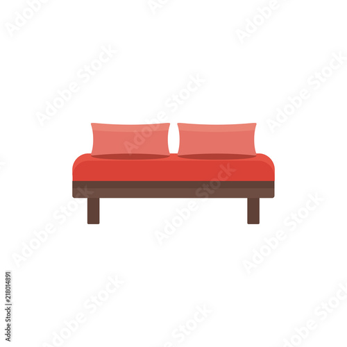 Red daybed with 2 pillows. Comfortable sofa. Vector illustration. Flat icon of settee. Front view.