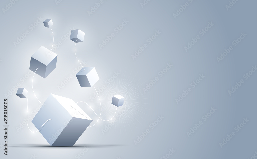 Abstract 3d cubes and background. A connection of big and small geometric cubes . Science and technology. Big data and Internet connection. Vector illustration.