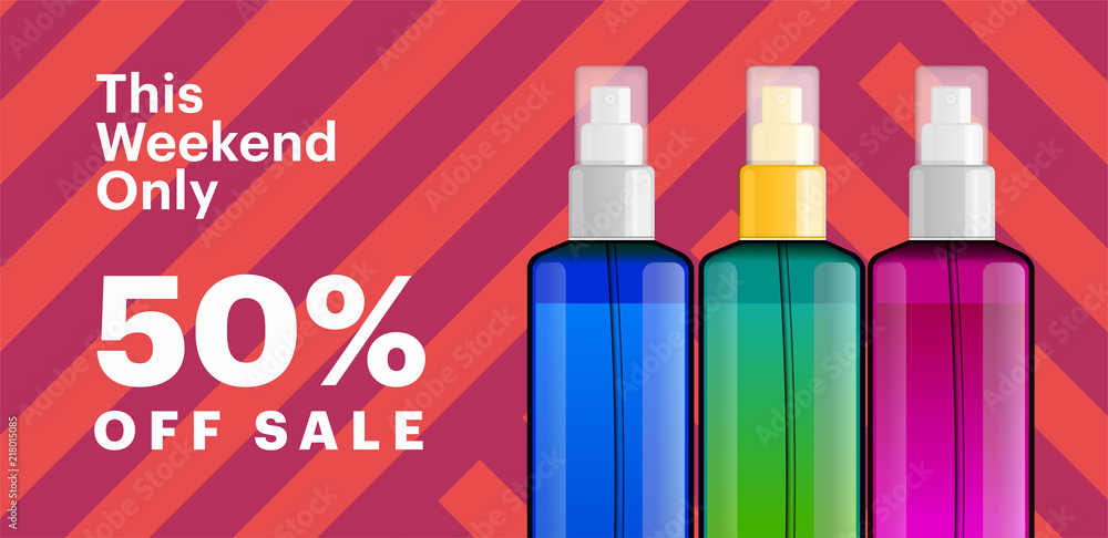 Trendy cosmetic products banner with essence bottles. Modern geometric background with stripes. Big sale poster template. Trendy cosmetic products banner with essence bottles. Modern geometric background with stripes. Big sale poster template.