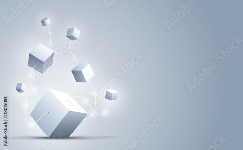 Abstract 3d cubes and background. A connection of big and small geometric cubes . Science and technology. Big data and Internet connection. Vector illustration.
