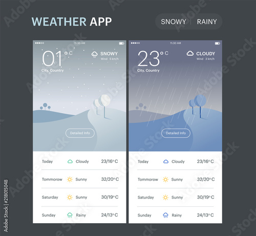 Weather Application Template. Rainy and snowy screens, UI UX app design. layout.