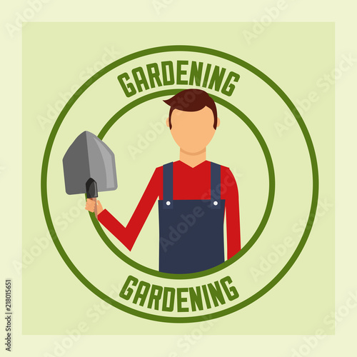 gardener man with shovel tool label gardening