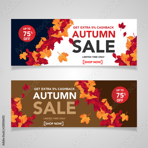 Autumn sale banner template with leaves, fall leaves for shopping sale. banner design. Poster, card, label, web banner. Vector illustration