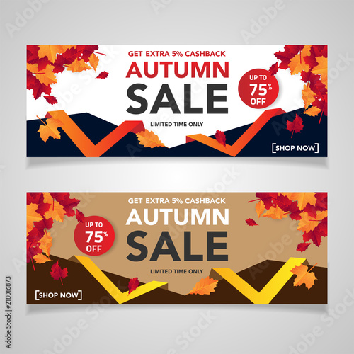 Autumn sale banner template with leaves, fall leaves for shopping sale. banner design. Poster, card, label, web banner. Vector illustration