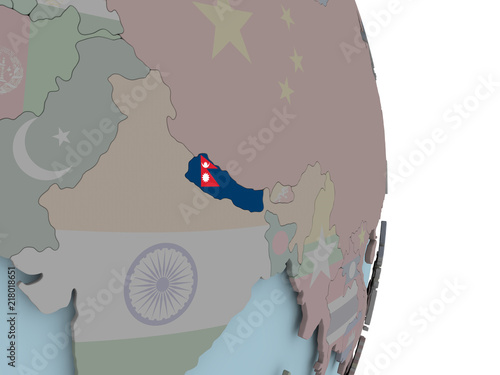 Map of Nepal on political globe with flag