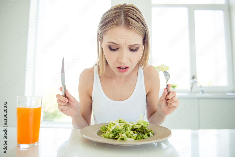 Omg it's not tasty Where is meat Weight loss concept. Close up Omg it's not tasty Where is meat Weight loss concept. Close up