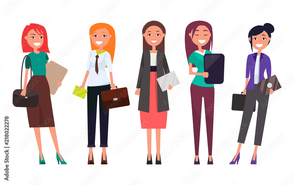 Obraz premium Set Women in Formal Wear with Laptops Envelopes
