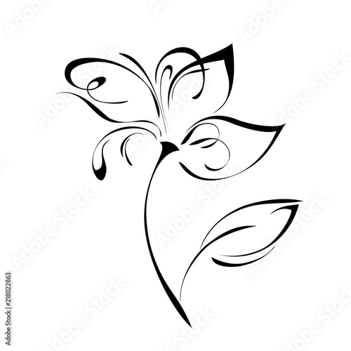 Fototapeta Naklejka Na Ścianę i Meble -  ornament 299. stylized flower on stem with leaf in black lines on white background