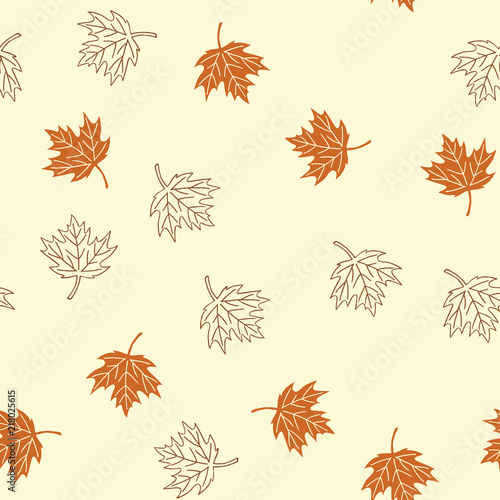 Autumn seamless pattern with brown maple leaves on beige background, vector