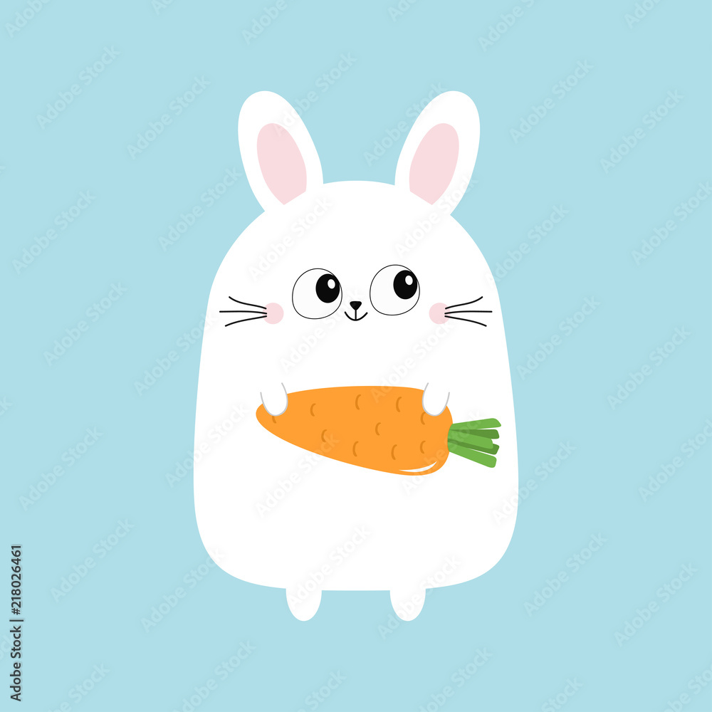 Fototapeta premium White bunny rabbit holding carrot. Funny head face. Big eyes. Cute kawaii cartoon character. Baby greeting card template. Happy Easter sign symbol. Blue background. Flat design.