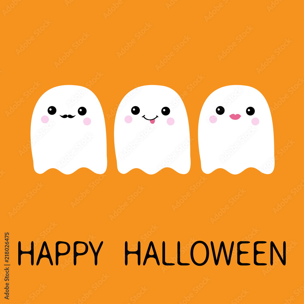 Three flying ghost spirit set showing tongue, moustaches, lips. Boo. Happy Halloween. Scary white ghosts. Cute cartoon spooky character. Smiling face, cheeks. Orange background Flat design. Three flying ghost spirit set showing tongue, moustaches, lips. Boo. Happy Halloween. Scary white ghosts. Cute cartoon spooky character. Smiling face, cheeks. Orange background Flat design.