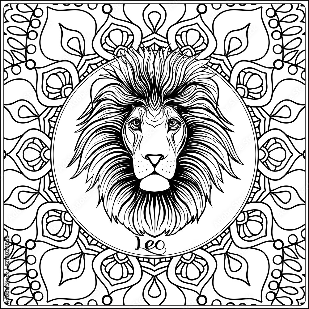 Leo, lion. Decorative zodiac sign on pattern background. Outline hand drawing. Good for coloring page for the adult coloring book Stock vector illustration.