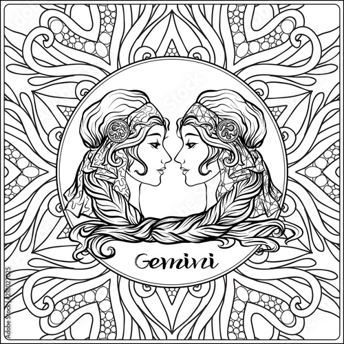 Gemini. Twins, girls. Decorative zodiac sign on pattern background. Outline hand drawing. Good for coloring page for the adult coloring book Stock vector illustration.