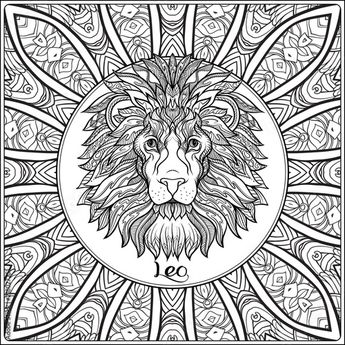 Leo, lion. Decorative zodiac sign on pattern background. Outline hand drawing. Good for coloring page for the adult coloring book Stock vector illustration.