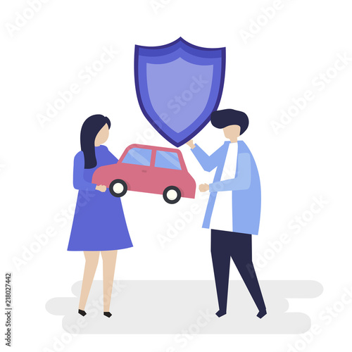 Characters of a couple holding a car and shield illustration