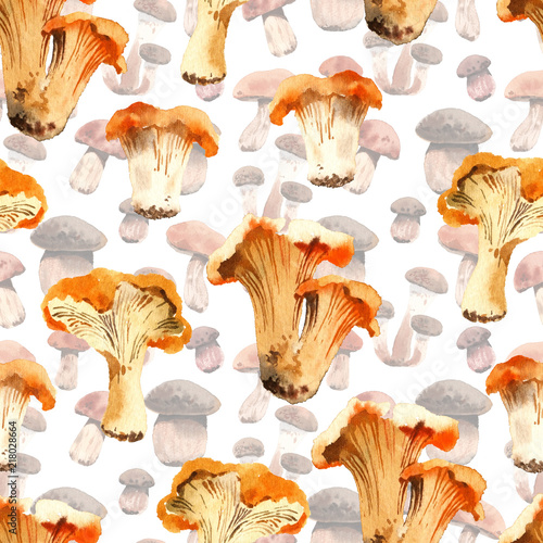 Watercolor pattern with bright autumn edible mushrooms.