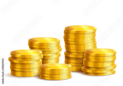 Piles of golden metal coins isolated photo