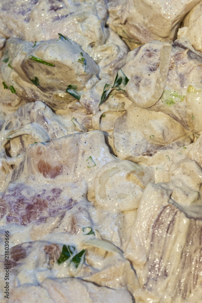 Fresh pickled meat for shish kebab. View from above. Fresh pickled meat for shish kebab. View from above.