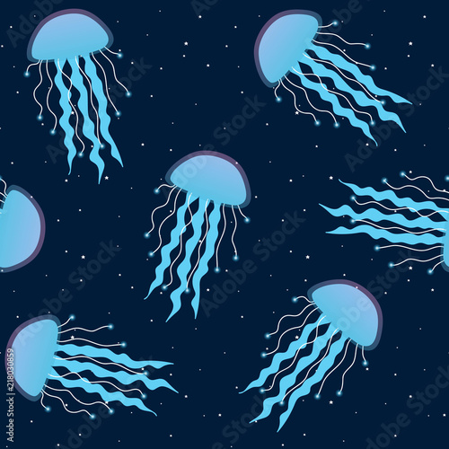 blue jellyfish on a dark blue background seamless pattern underwater sea medusa fluorescent srar vector