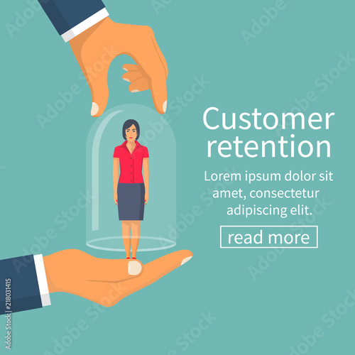 Customer retention concept. Customer Care. Providing save customer loyalty. Vector illustration flat design. Isolated on white background. Businessman holding a client in hand covers a glass bulb.