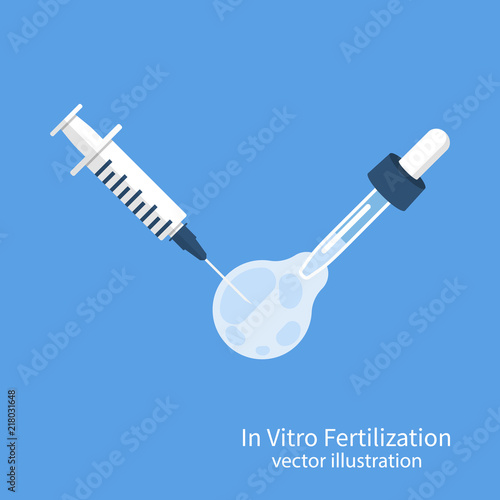 In Vitro Fertilization. Artificial insemination concept. Cellular treatment. Syringe pipette ovum and sperm. Vector illustration flat design. Isolated on background. Medical science.