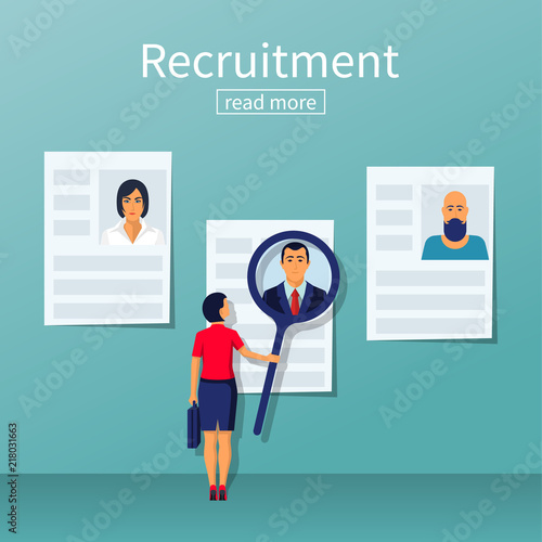 Recruitment concept. Businesswoman employer search resume staff selects candidates. Vector illustration flat design. For banner, presentation, social media, web page, posters. Human resources. 
