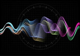 Equalizer vector illustration. Abstract wave icon set for music and sound. Pulsation color wavy motion lines on black background. Radio frequency graph. Graphic digital voice. Stock rate line.