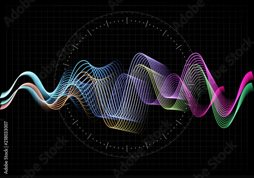 Equalizer vector illustration. Abstract wave icon set for music and sound. Pulsation color wavy motion lines on black background. Radio frequency graph. Graphic digital voice. Stock rate line.