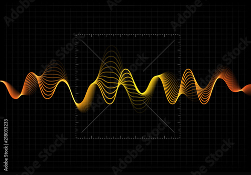 Equalizer vector illustration. Abstract wave icon set for music and sound. Pulsation color wavy motion lines on black background. Radio frequency graph. Graphic digital voice. Stock rate line.