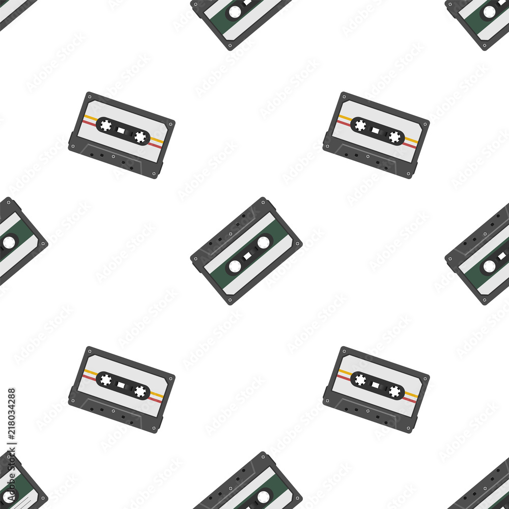 Fototapeta premium Retro seamless background with audio tapes. Magnetic audiotapes tileable pattern