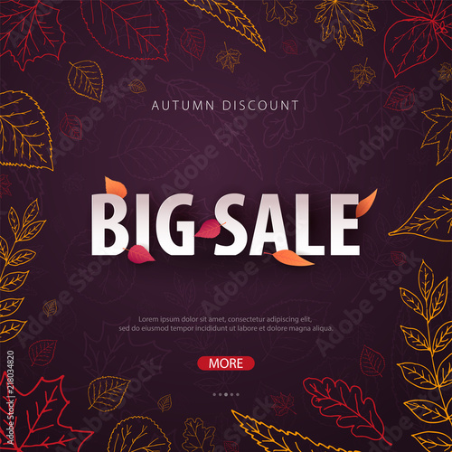 Autumn Background with leaves for shopping sale or promo poster and frame leaflet or web banner. Vector illustration template.