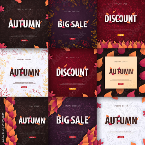 Set of Autumn Backgrounds with leaves for shopping sale, promo poster and frame leaflet, web banner. Vector illustration template.