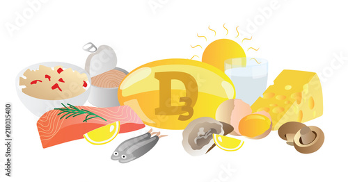 Vitamin D3 vector illustration. Its source collection set. Fish, eggs, milk, sun, caviar and capsule isolated on white background. Healthy and good living nutrition.
