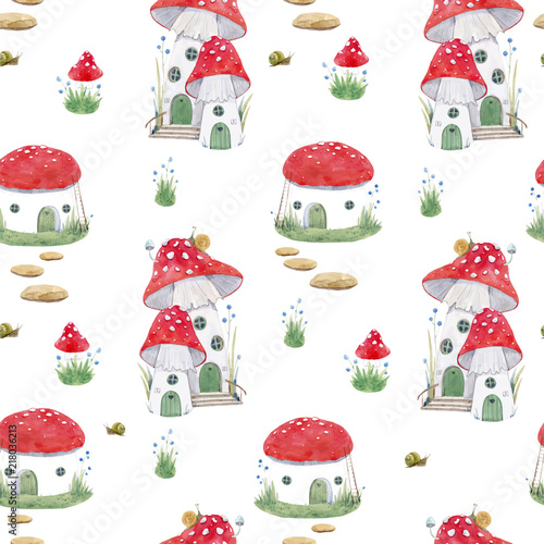 Watercolor mushroom house vector pattern photo