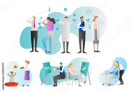 Telepathy vector illustration collection. People group with examples of brain paranormal activity. Communication with thoughts. Genius person mind reading or prediction.