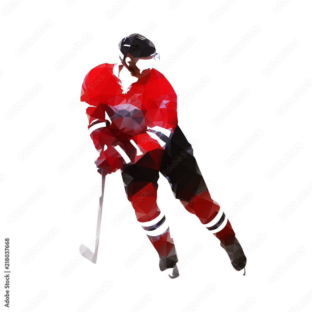 Fototapeta premium Ice hockey player in red jersey skating, isolated vector low poly illustration. Winter team sport