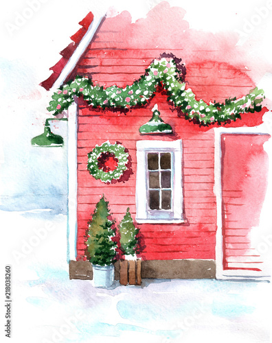 Original watercolor painting. Christmas card. Snow-covered mountains. Red house with Christmas decoration