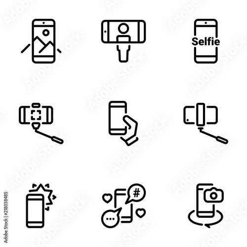 Set of black vector icons, isolated against white background. Illustration on a theme Selfie
