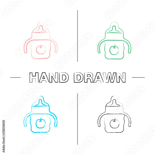 Baby sippy cup hand drawn icons set