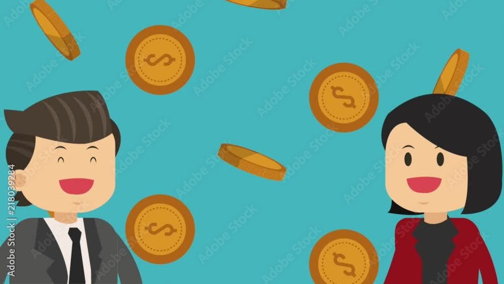Business couple over coins falling background high definition animation colorful scenes Business couple over coins falling background high definition animation colorful scenes