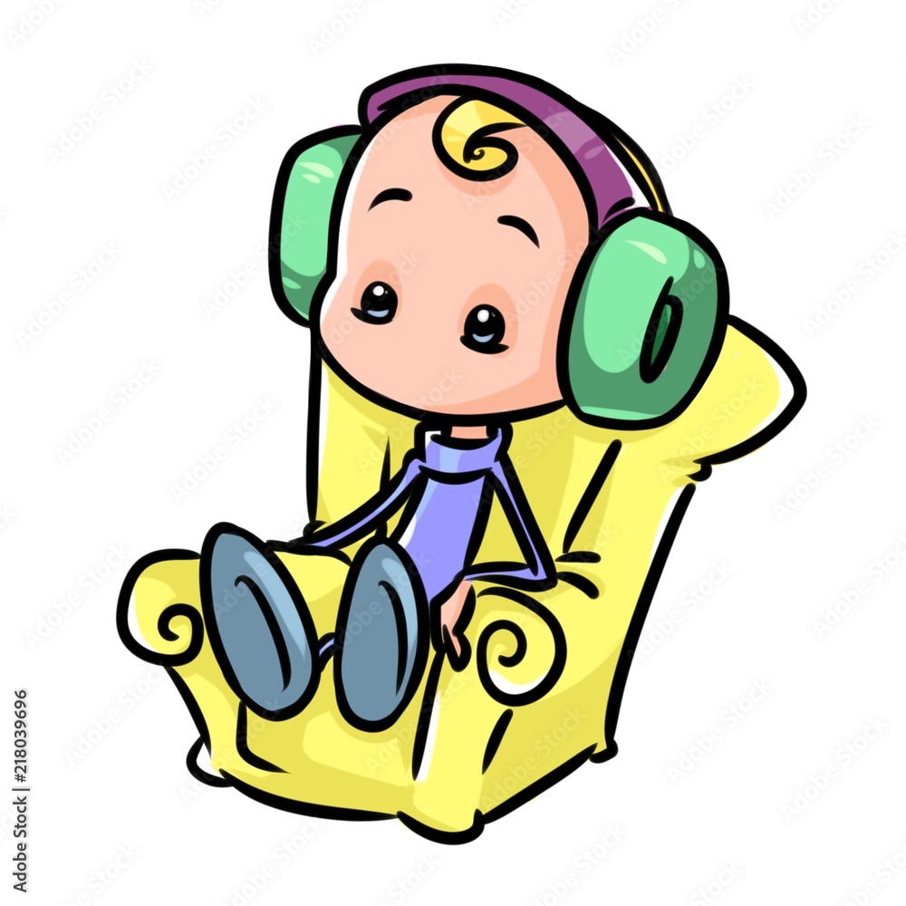 Boy sitting chair listening music headphones cartoon illustration isolated  image minimalism Stock Illustration | Adobe Stock