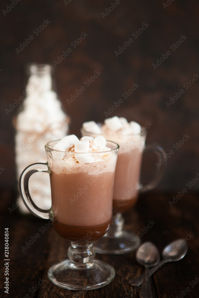 Two glasses with Hot chocolate garnished with whipped cream, marsmallow and cocoa powder. Two glasses with Hot chocolate garnished with whipped cream, marsmallow and cocoa powder.