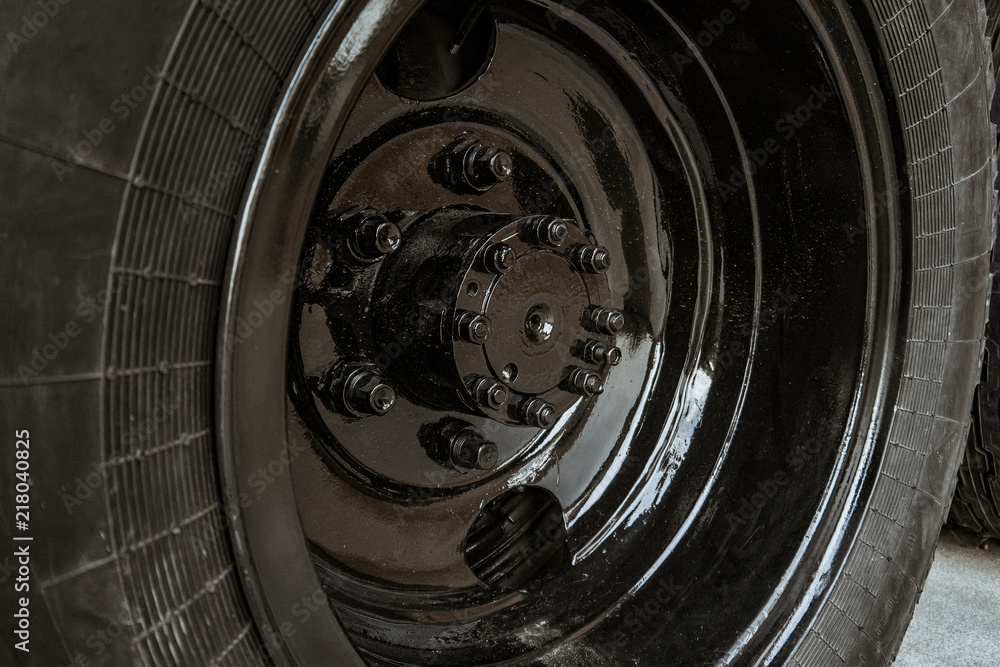 The wheel of the old Soviet military machine. In the park of the exhibits of military equipment