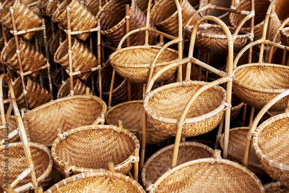  Many kind of basket that are made of bamboo. Basket wicker handmade. Traditional  bamboo texture. Handmade  wickerwork products for sale. Handcraft concept.